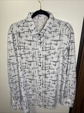 Men's White Button-Up Shirt with Black Abstract Print